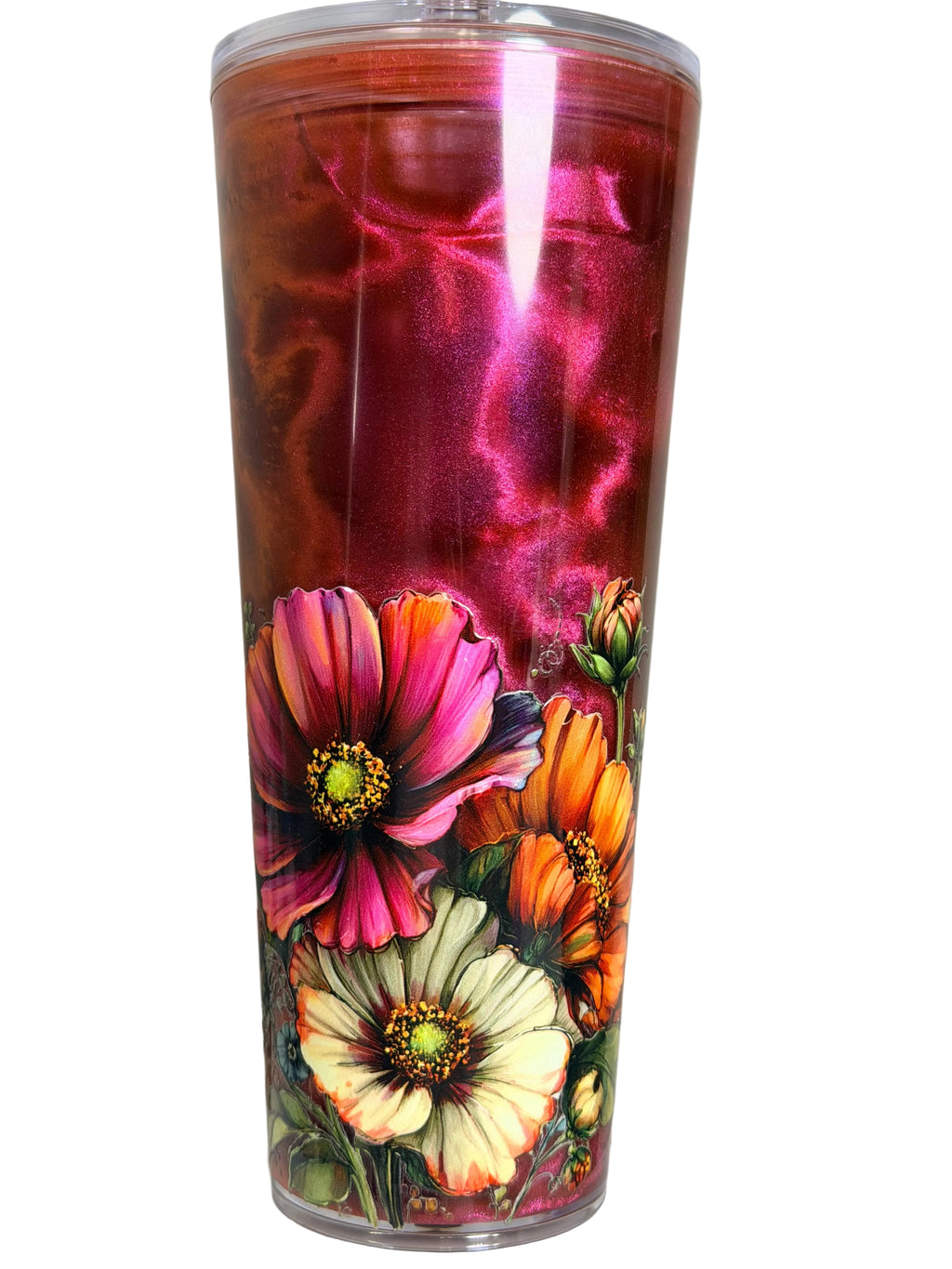 Color-shifting maroon acrylic tumbler with floral decal and clear lid