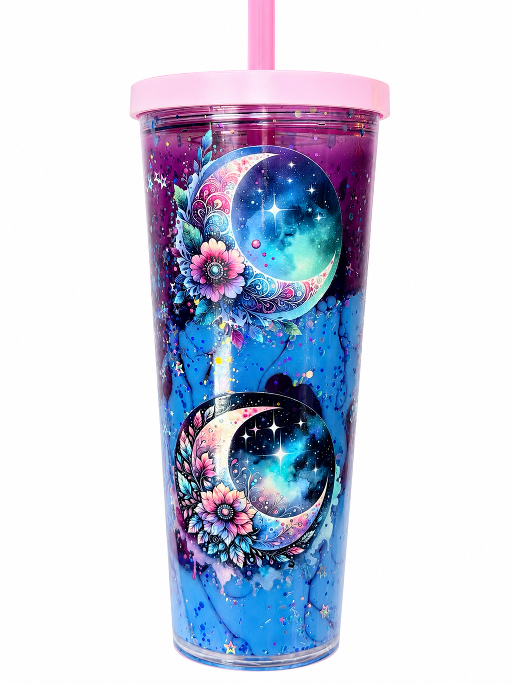 24oz acrylic tumbler with pink lid, blue galaxy moon and floral art, clear straw