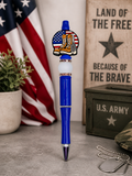 Blue beaded boot pen with star-and-stripe boot charm and white bead handle