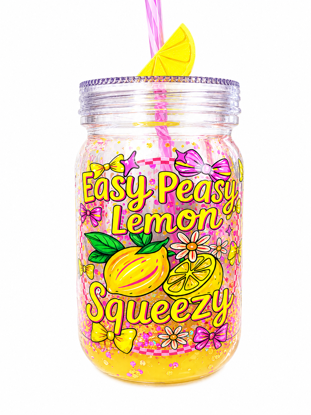 Clear acrylic mason jar with yellow glitter, bright lemon illustration and “Easy Peasy Lemon Squeezy”.