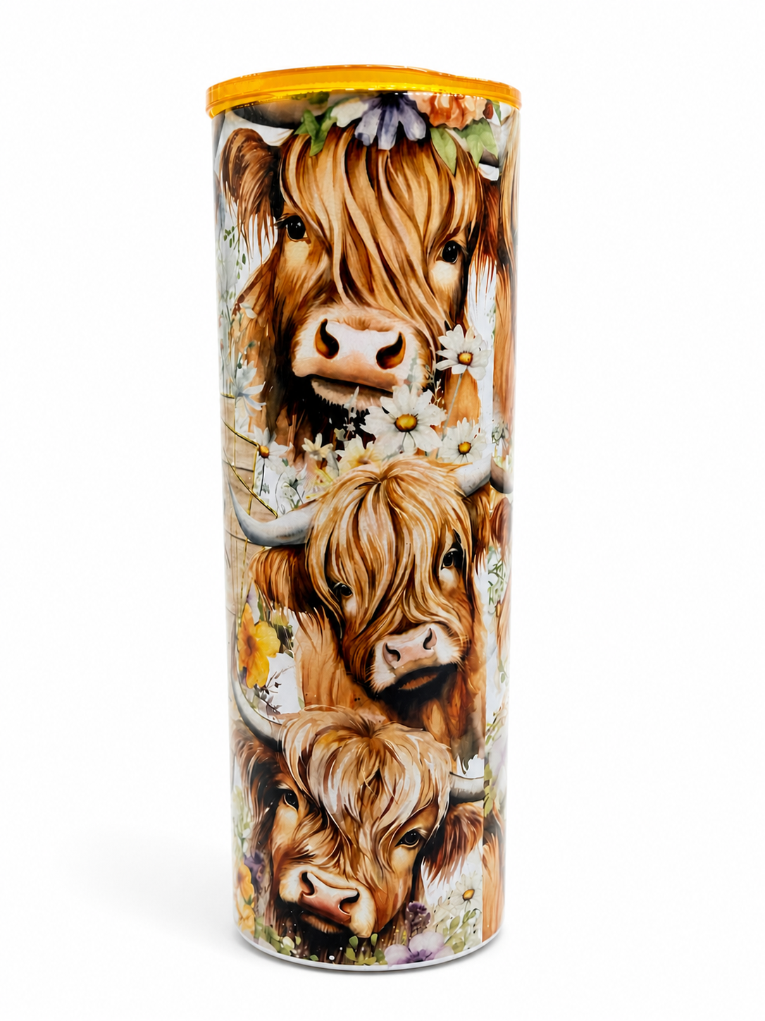 Stainless steel tumbler with highland cow floral design and yellow lid