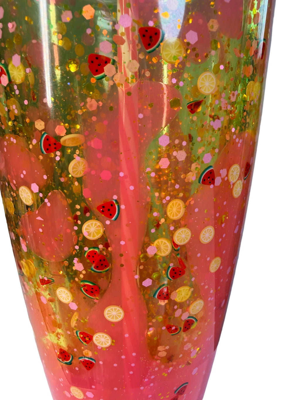 Pink glitter acrylic tumbler, tapered shape, watermelon slice lid, clear straw