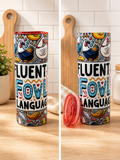 Stainless steel cup with colorful rooster pattern and red screw-on lid