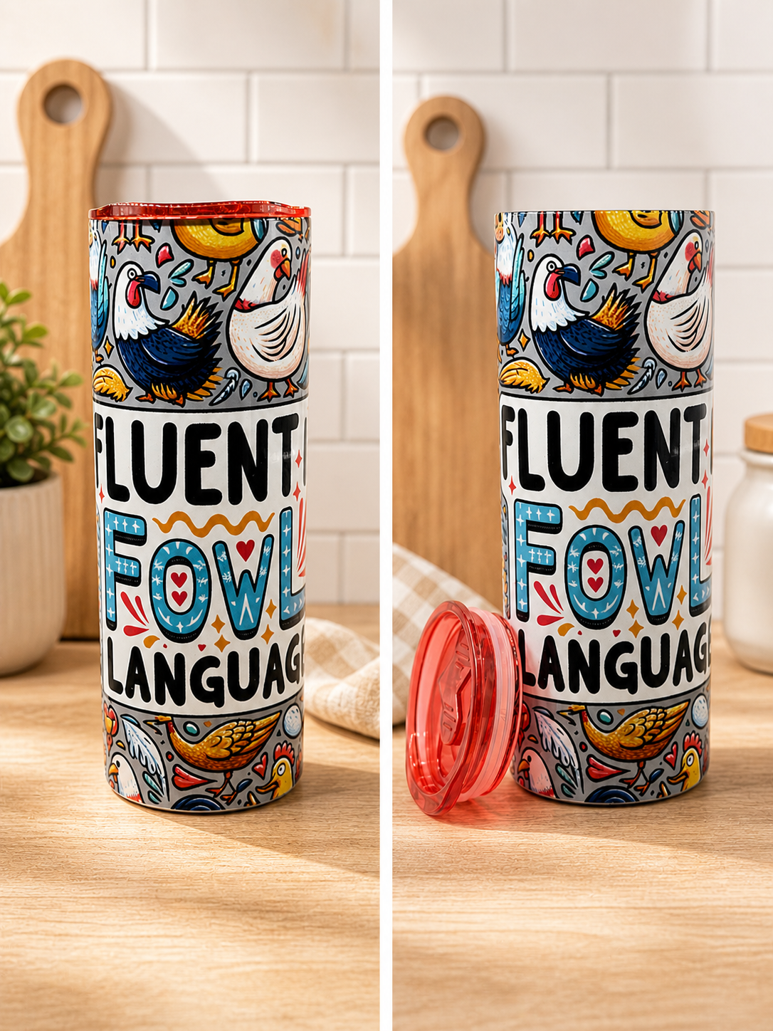 Stainless steel cup with colorful rooster pattern and red screw-on lid