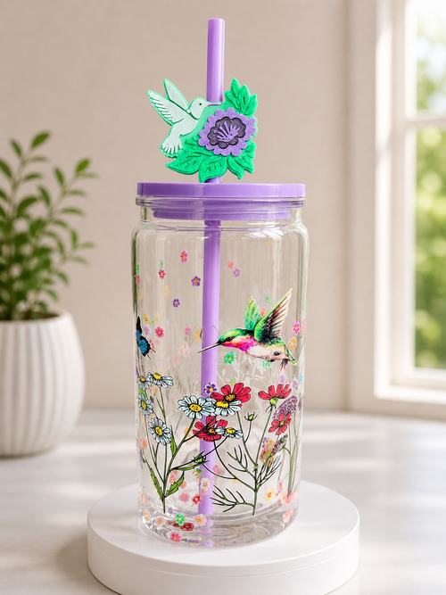 Acrylic snow globe tumbler with hummingbird, floral design, purple straw and lid