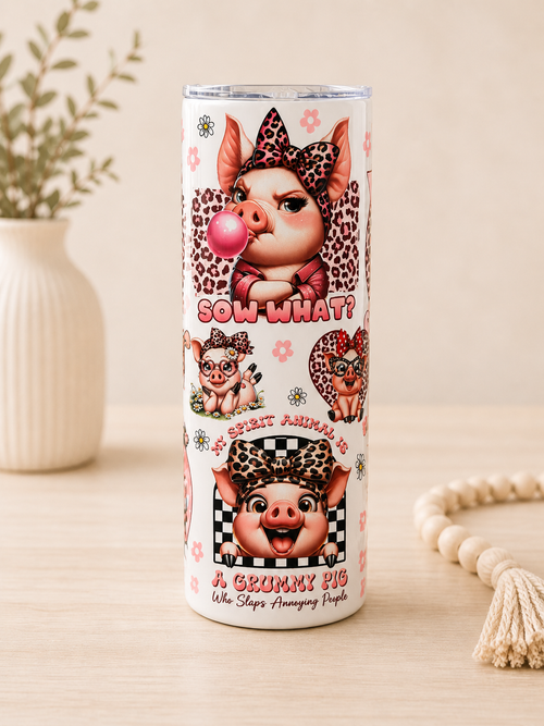 Pigs stainless steel cup with pig-face graphic, leopard spots, pink balloon