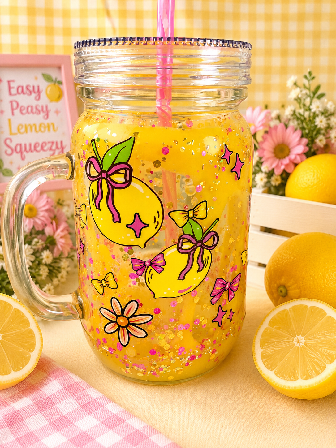 20oz acrylic mason jar, yellow glitter with lemon cartoon and “Easy Peasy Lemon Squeezy” text.