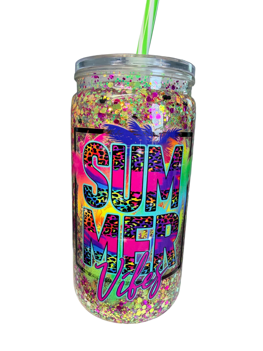 Acrylic snow globe tumbler with rainbow SUMMER Vibes graphic and green lid straw