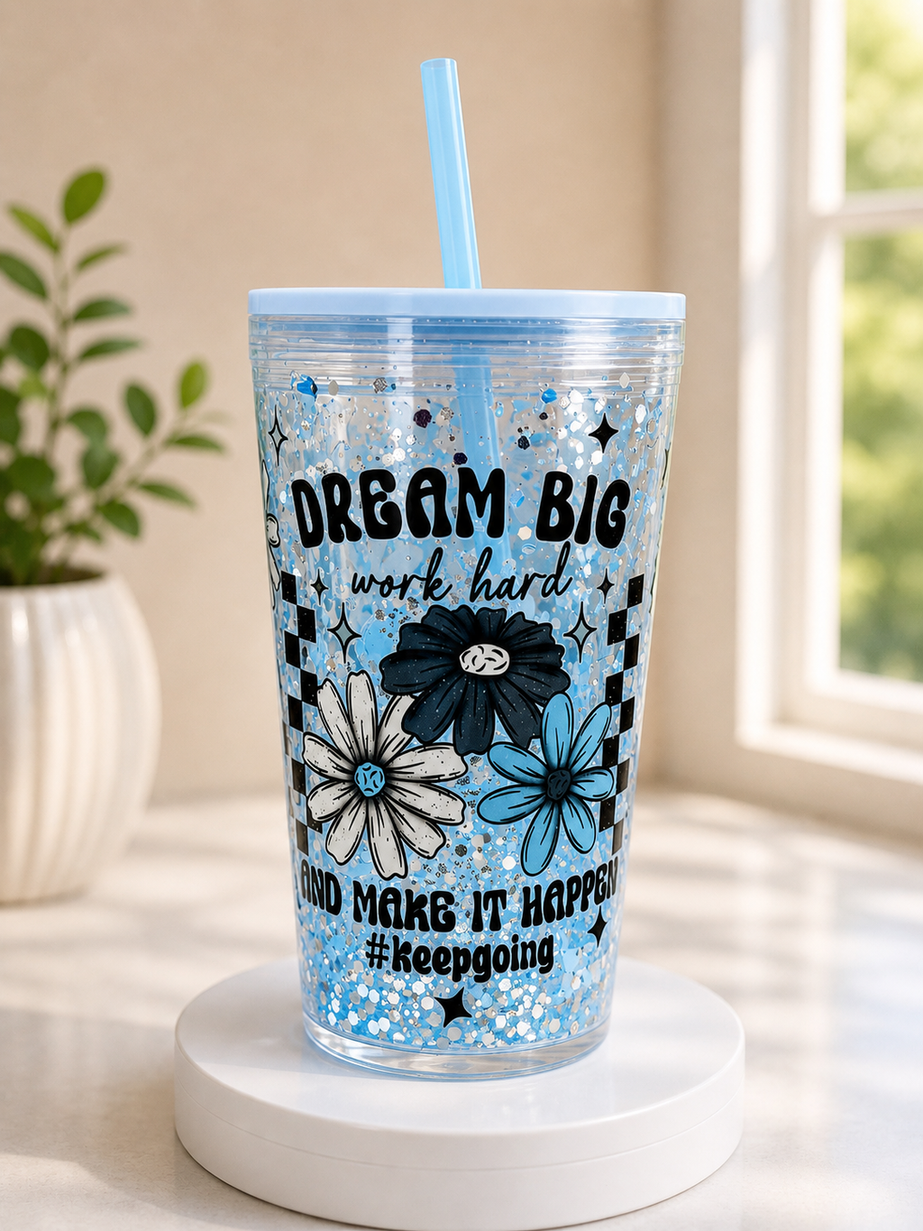 Blue acrylic snow globe cup with lid and straw, Dream Big text and flower graphics