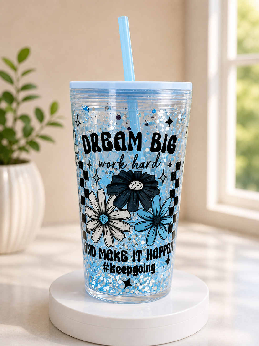 Blue acrylic snow globe cup with lid and straw, Dream Big text and flower graphics