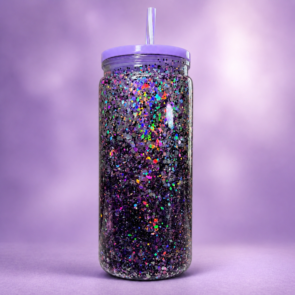 20 oz glitter tumbler cup, multicolor sparkly surface, purple lid and clear straw