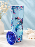 Sea turtle stainless steel cup with blue sea turtle print and blue lid, open top