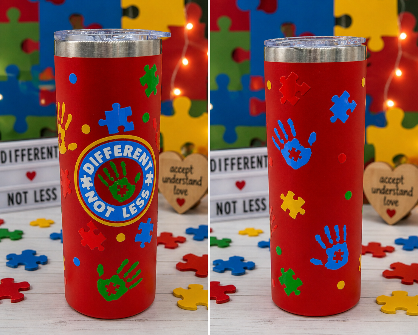 Red stainless steel tumbler with colorful puzzle-piece decals and 'Different Not Less'