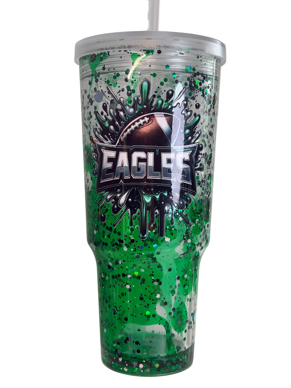Eagles green acrylic glow lava tumbler, front logo and speckled drip graphic