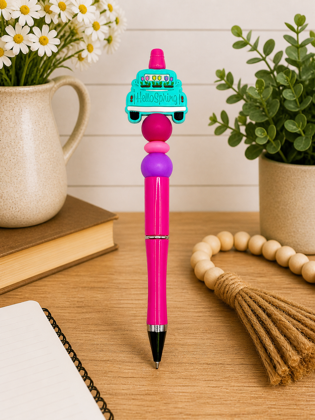 Pink and purple beaded Hello Spring novelty pen with turquoise cap and tip