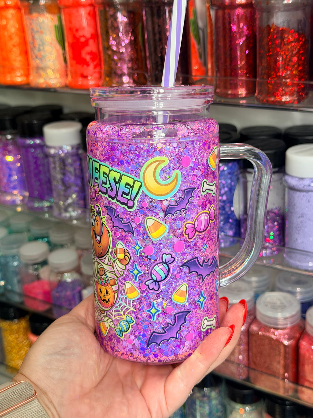 Purple glitter acrylic snow globe tumbler with handle, Trick or Cheese Halloween design