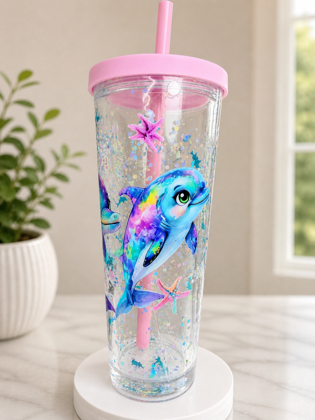 24 oz tapered glitter tumbler with pink lid, straw, and ocean dolphin graphic