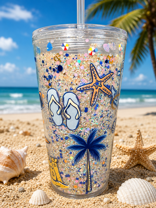 16oz acrylic beach cup with clear glitter confetti, blue seashell, starfish, flip-flop art