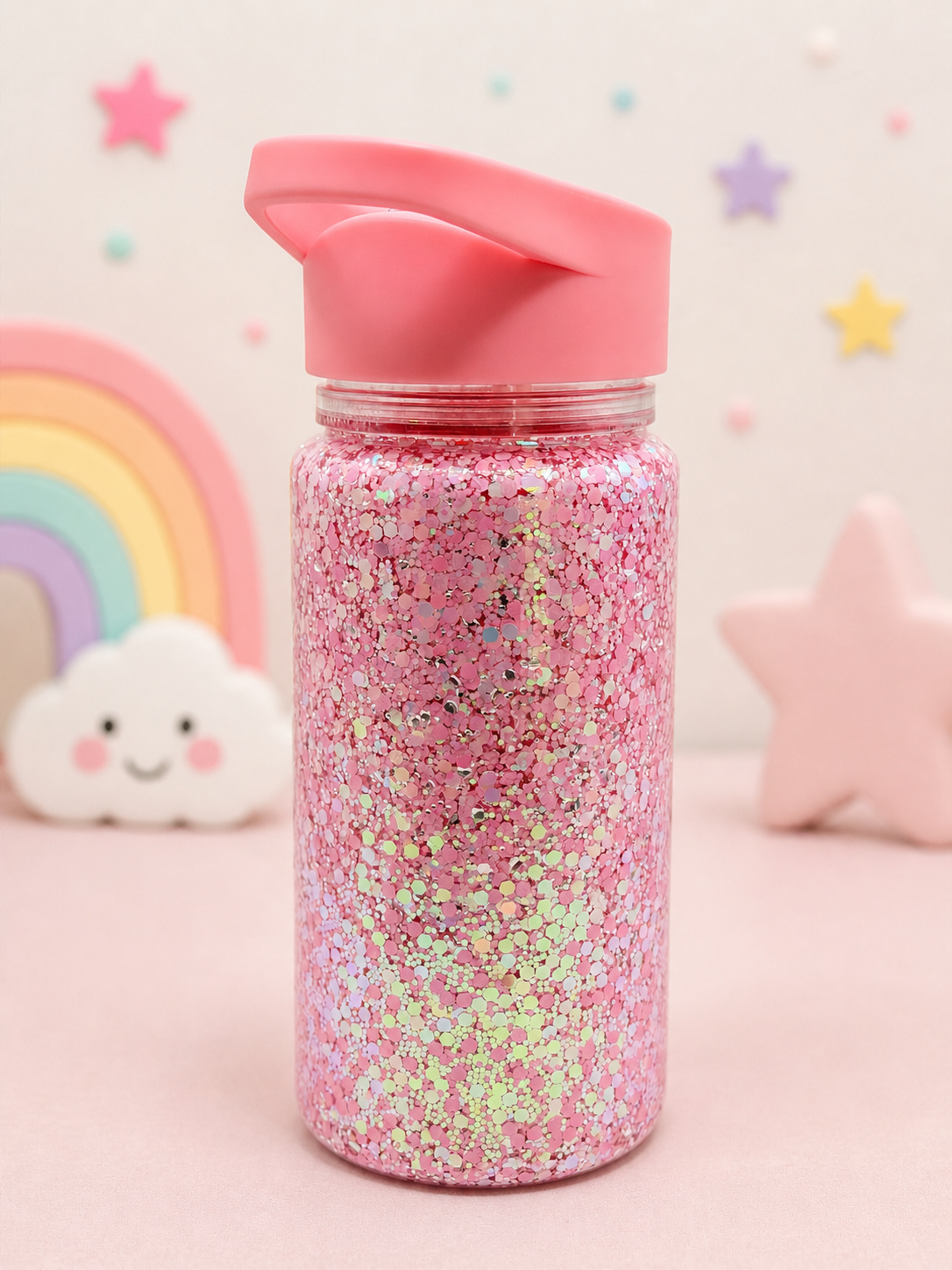 Kids glitter water bottle with pink lid and glitter pink body