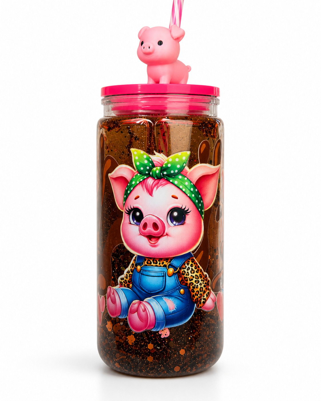 Acrylic snow globe tumbler with pig artwork, pink lid and straw, and pig figurine on top