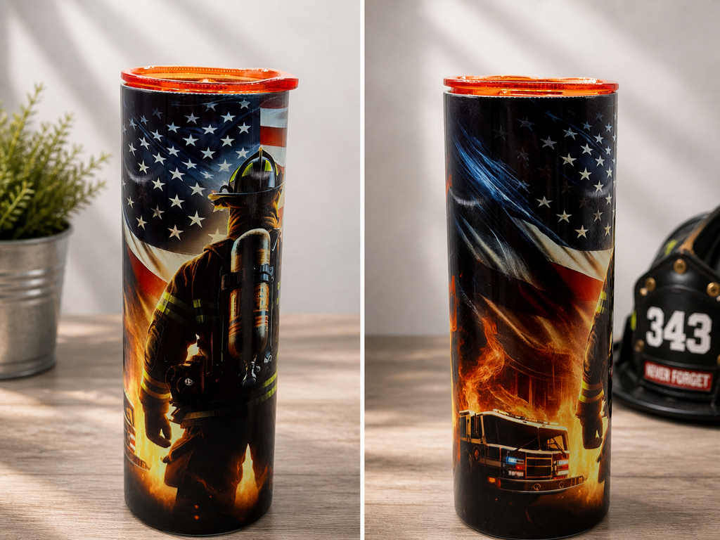 Firefighter stainless steel cup with orange rim, stars and flames, firefighter graphic on side