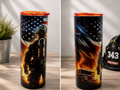 Firefighter stainless steel cup with orange rim, stars and flames, firefighter graphic on side