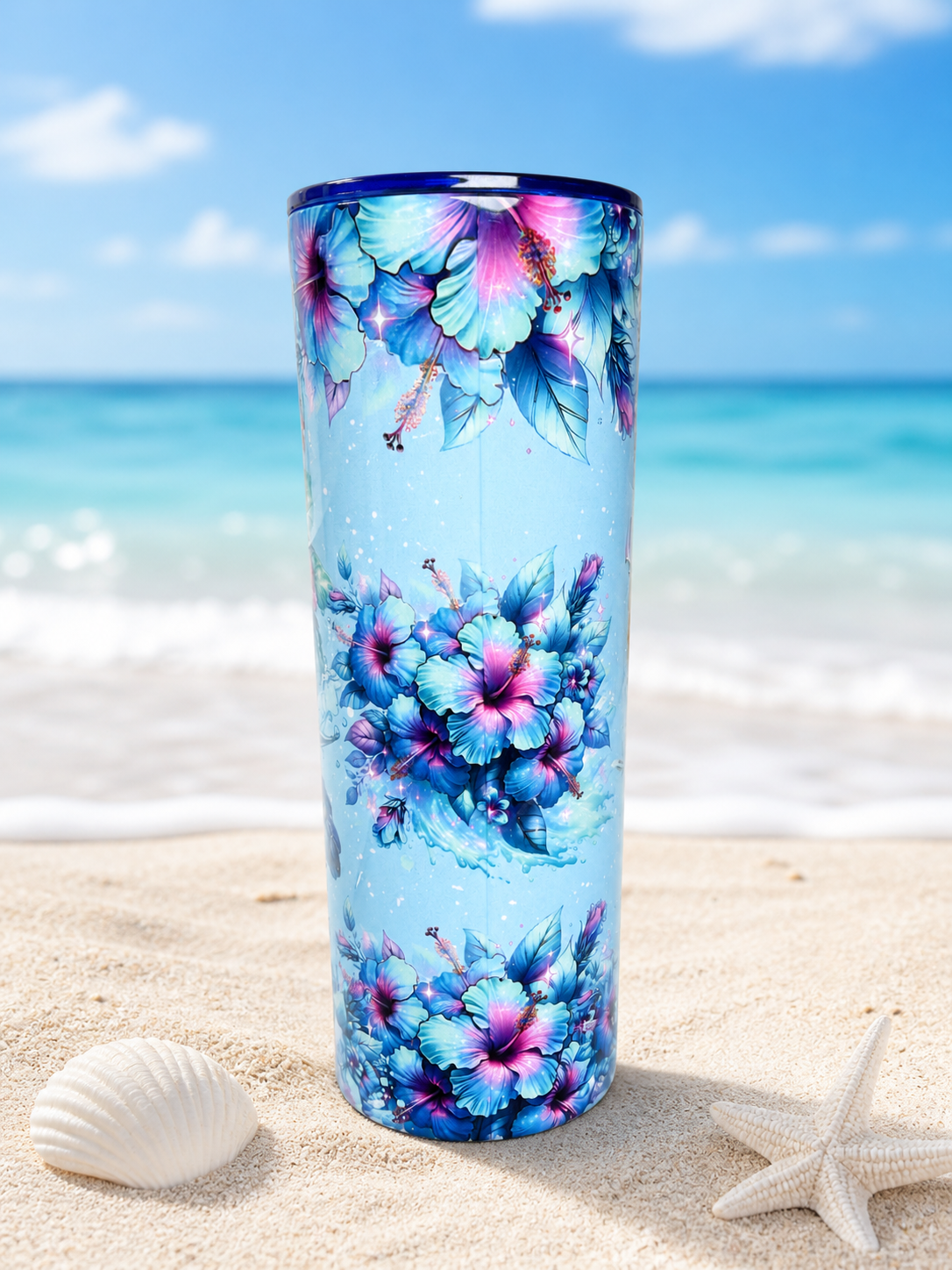 Sea turtle stainless steel cup with blue floral pattern, tall tumbler design