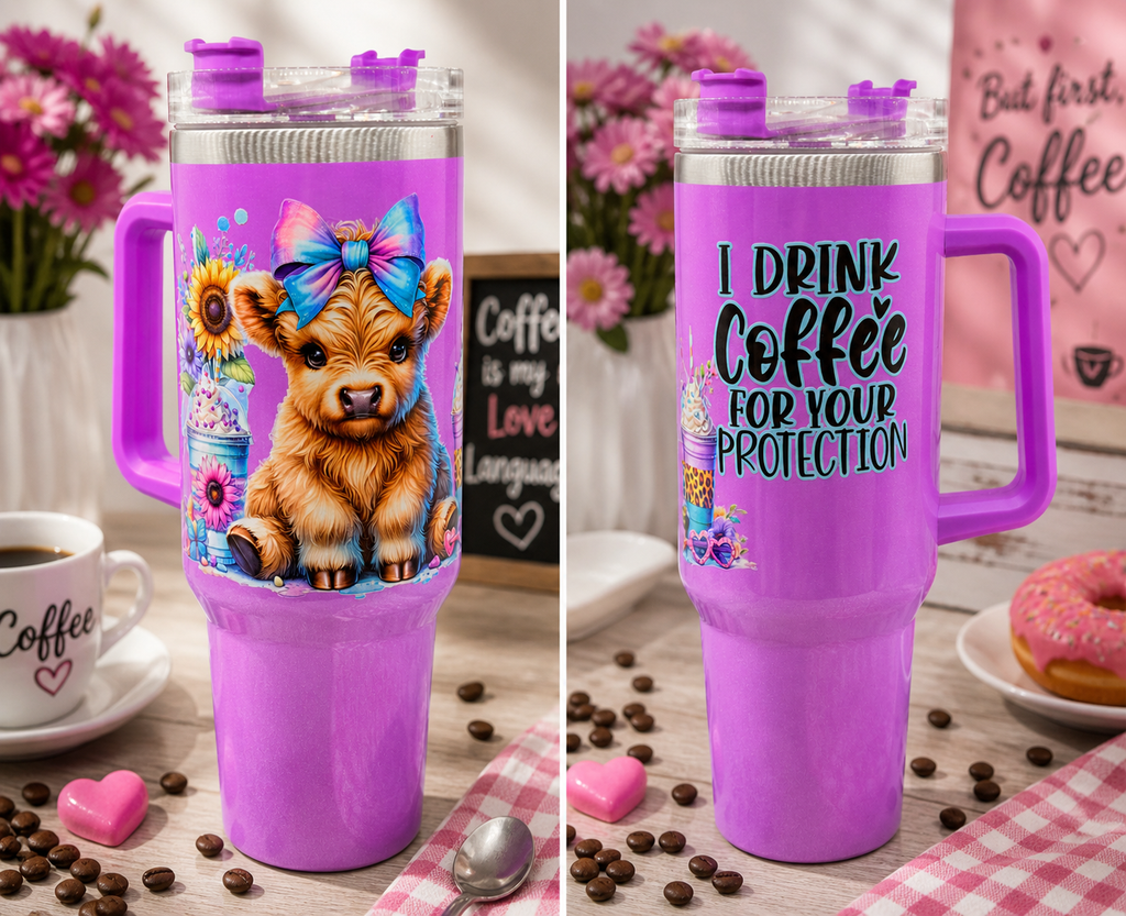 Purple stainless steel coffee tumbler with handle, 'I DRINK COFFEE FOR YOUR PROTECTION'