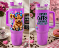 Purple stainless steel coffee tumbler with handle, 'I DRINK COFFEE FOR YOUR PROTECTION'