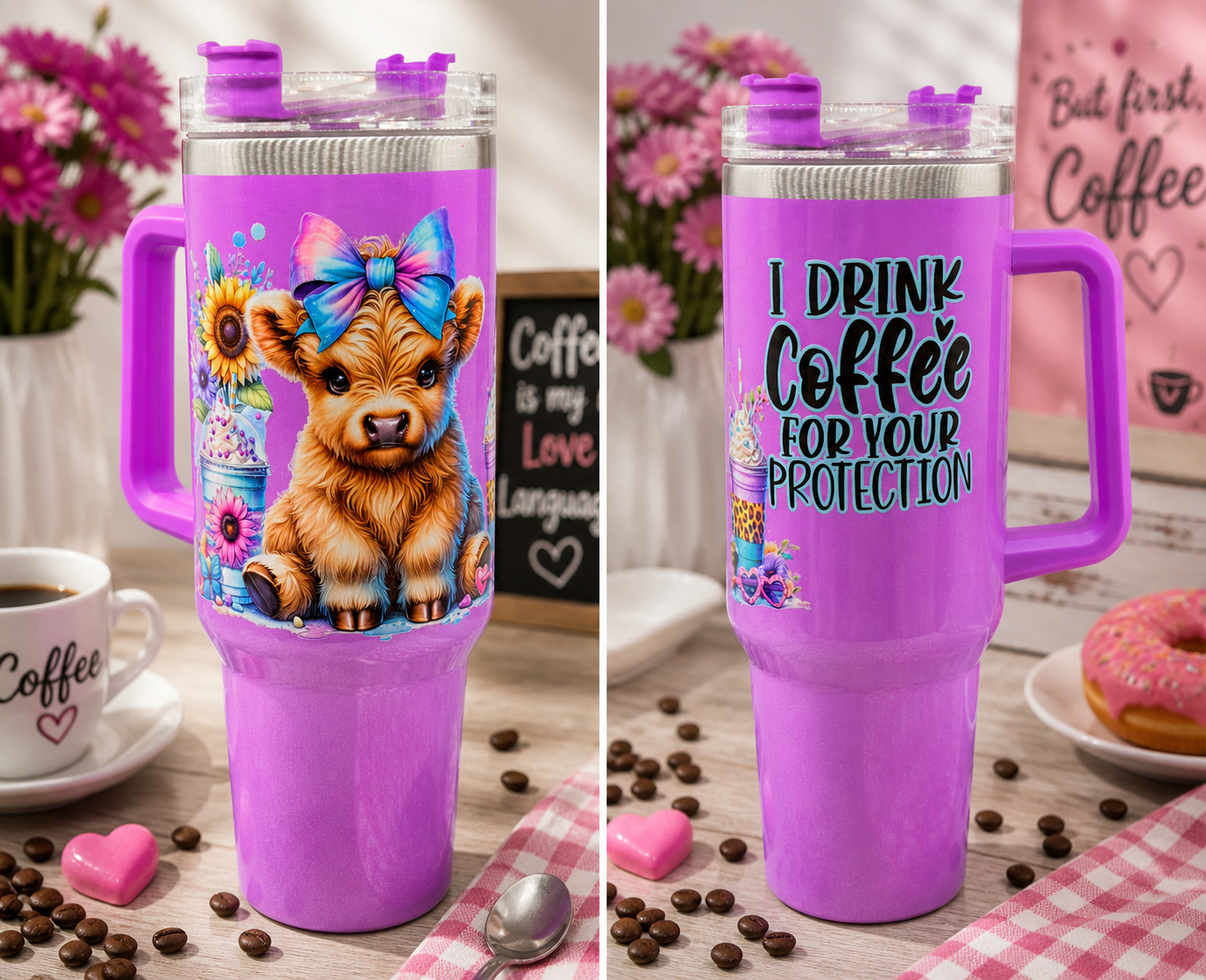 Purple stainless steel coffee tumbler with handle, 'I DRINK COFFEE FOR YOUR PROTECTION'