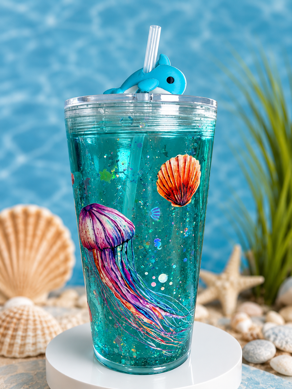 16oz acrylic tapered ocean glow tumbler with dolphin lid, jellyfish and shell decals