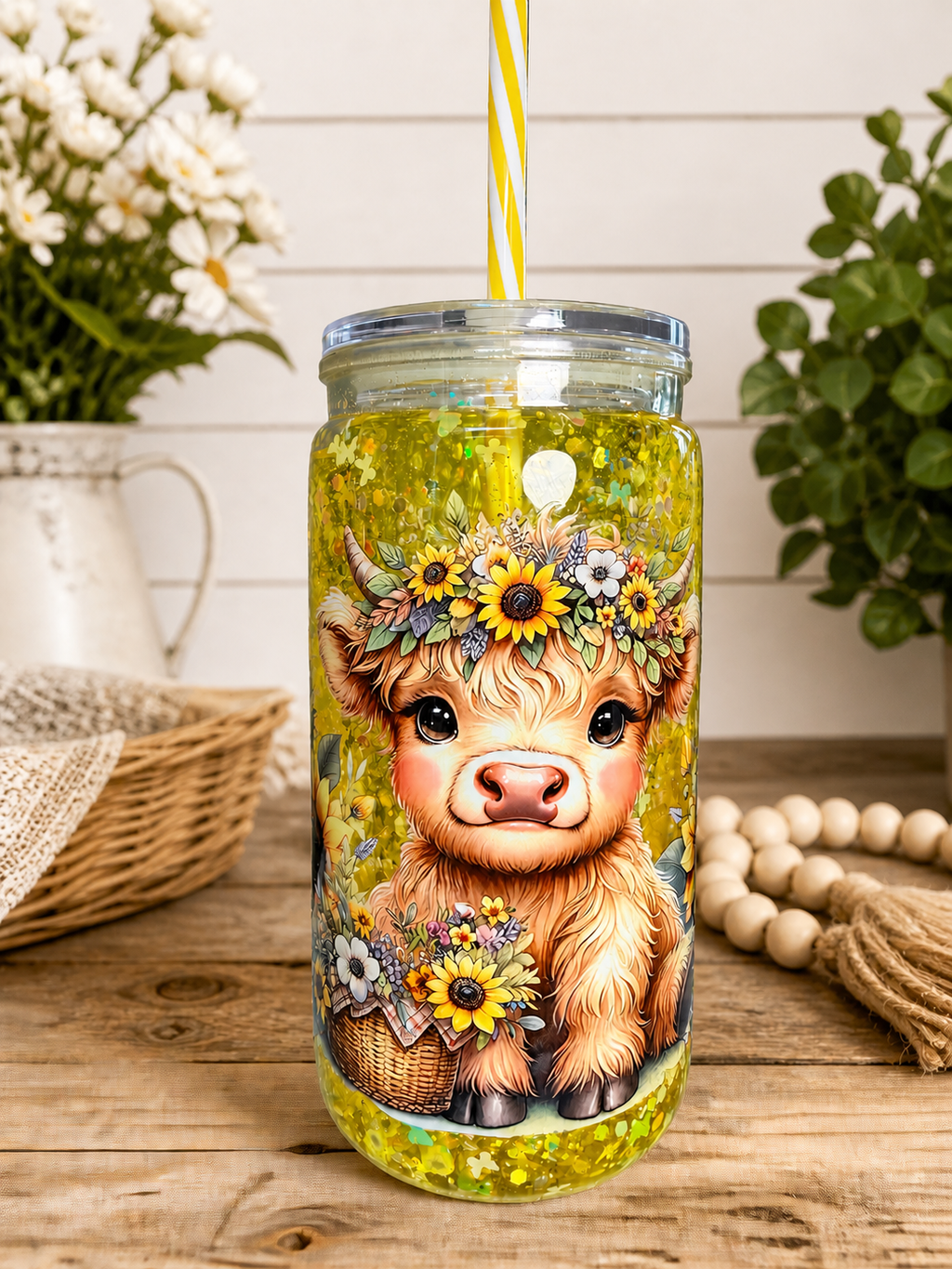 Acrylic snow globe cup with cow face, sunflowers, and yellow glitter; clear lid