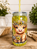 Acrylic snow globe cup with cow face, sunflowers, and yellow glitter; clear lid