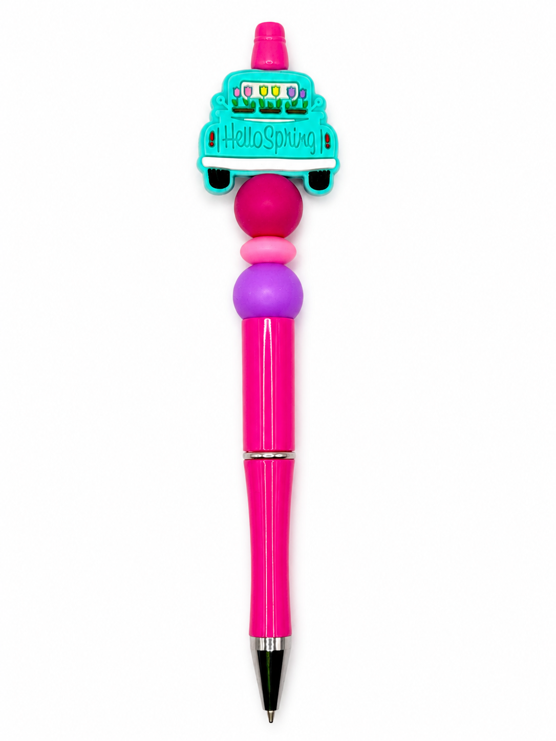 Hello Spring pen with turquoise top, stacked pink and purple beads, black point