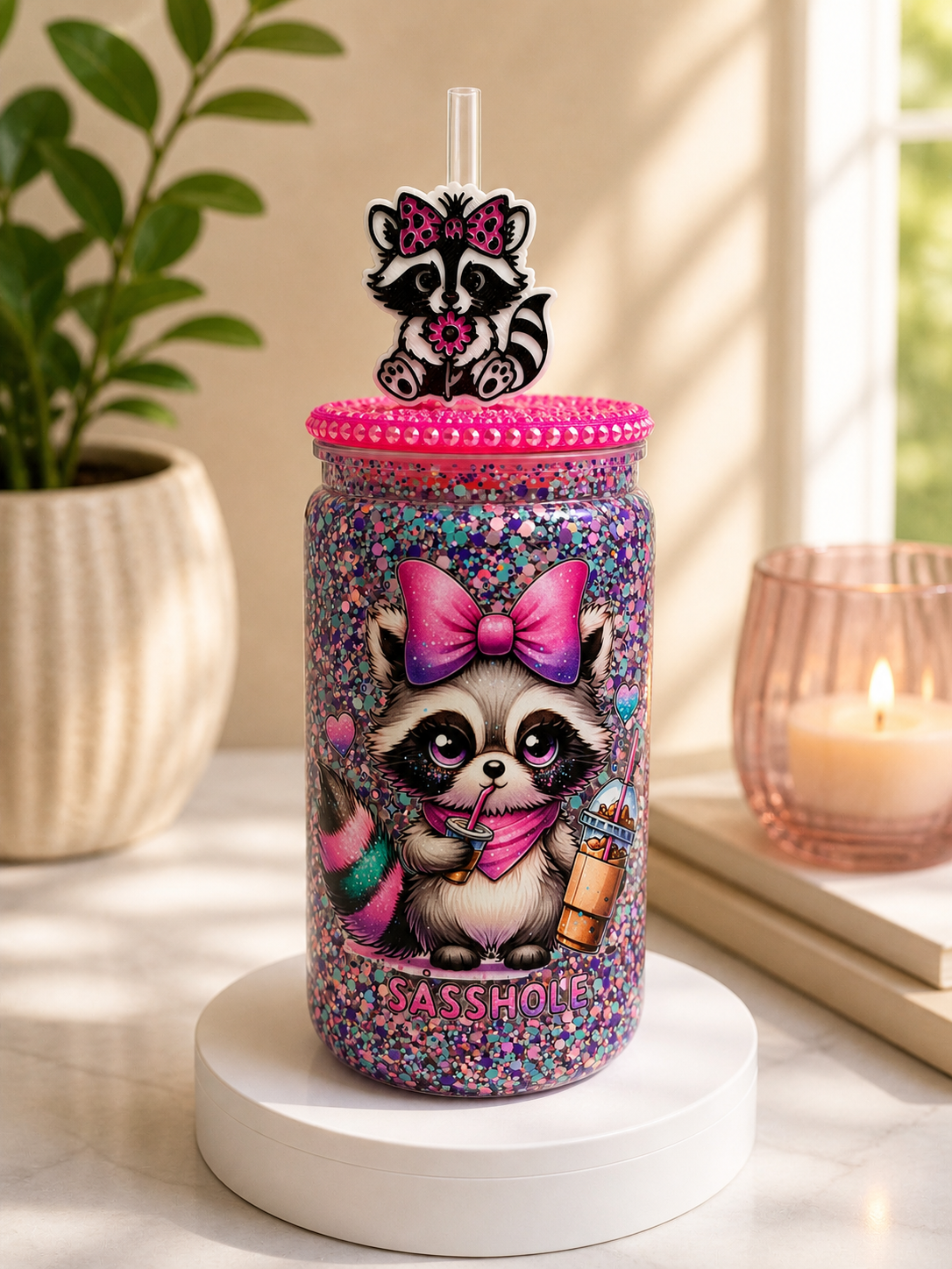 Glitter 16-ounce cup with cat graphic, purple bow, and Sasshole text