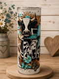 Stainless steel cup with colorful bull head and floral butterflies graphic, cylindrical