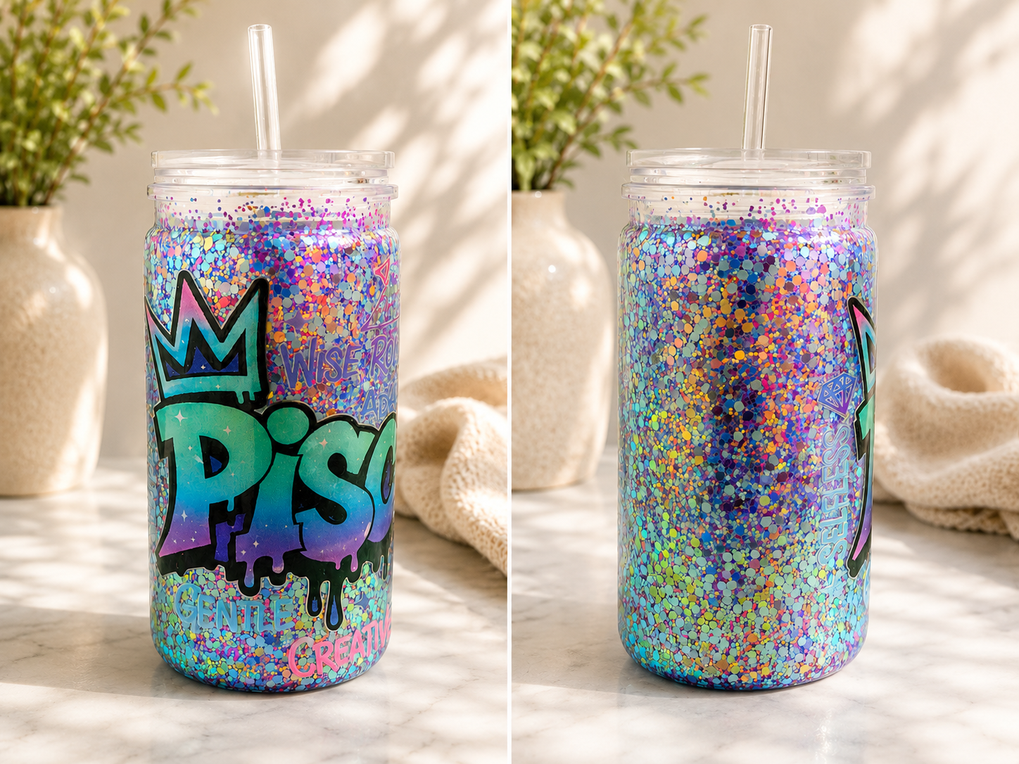 Glitter 16 oz cup with clear lid and straw, multicolor holographic confetti