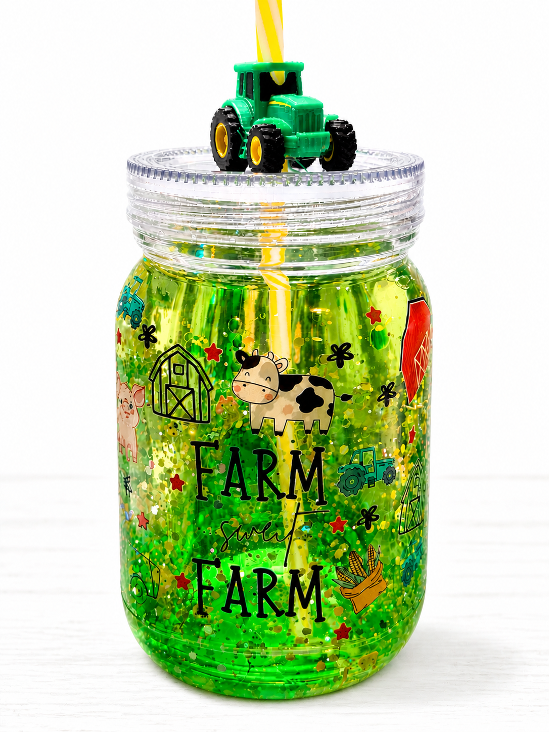 20 oz acrylic mason jar with green farm scenes, clear lid and yellow straw