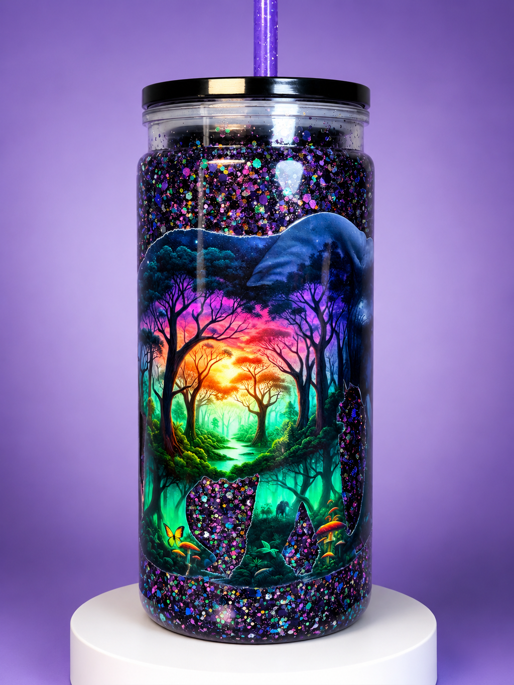 20 oz acrylic glitter tumbler with blue elephant graphic and vibrant forest lights, front view
