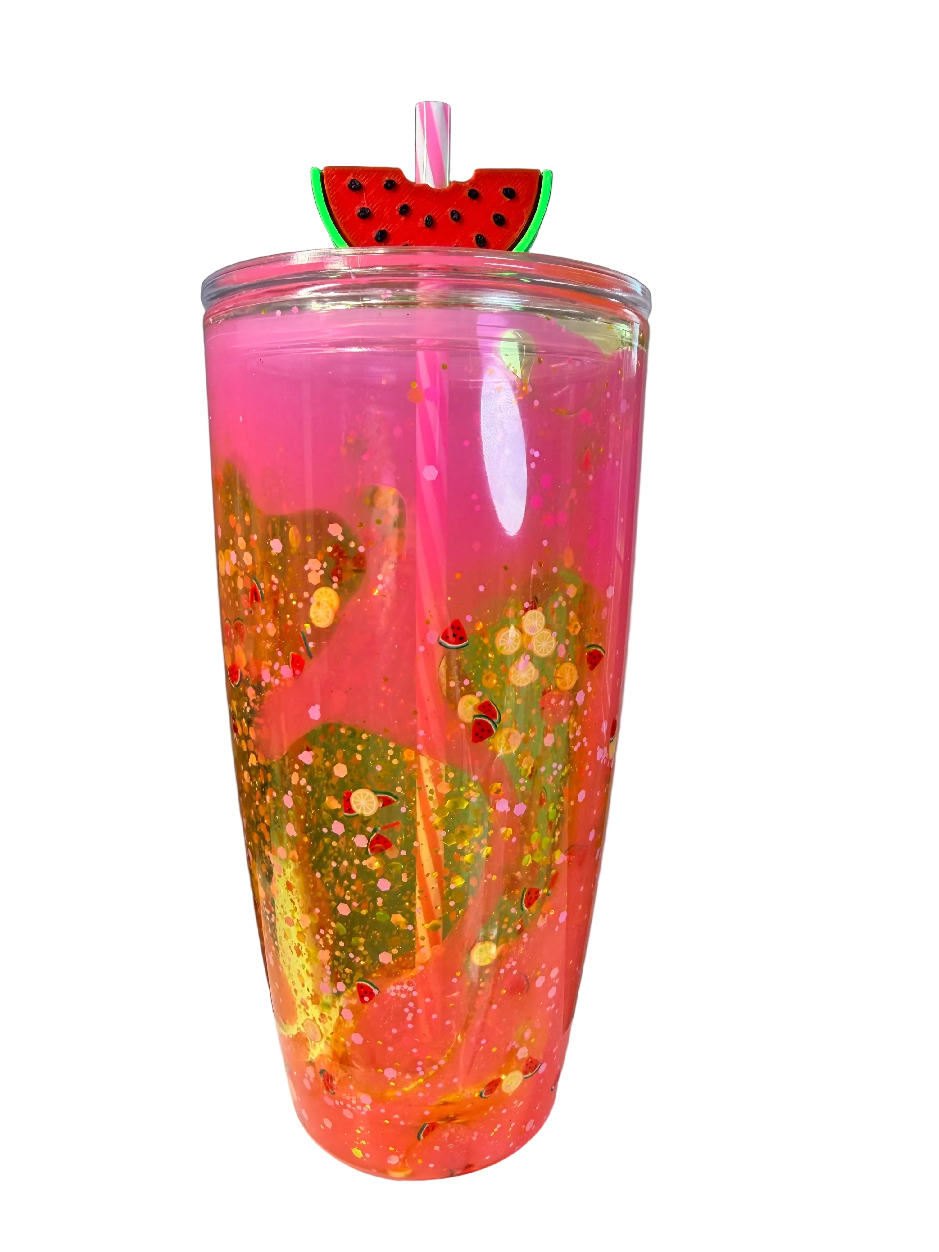 Pink glitter acrylic tumbler with watermelon slice lid and clear straw