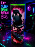 20 oz stainless steel tumbler with gaming chair and keyboard graphic, green lid