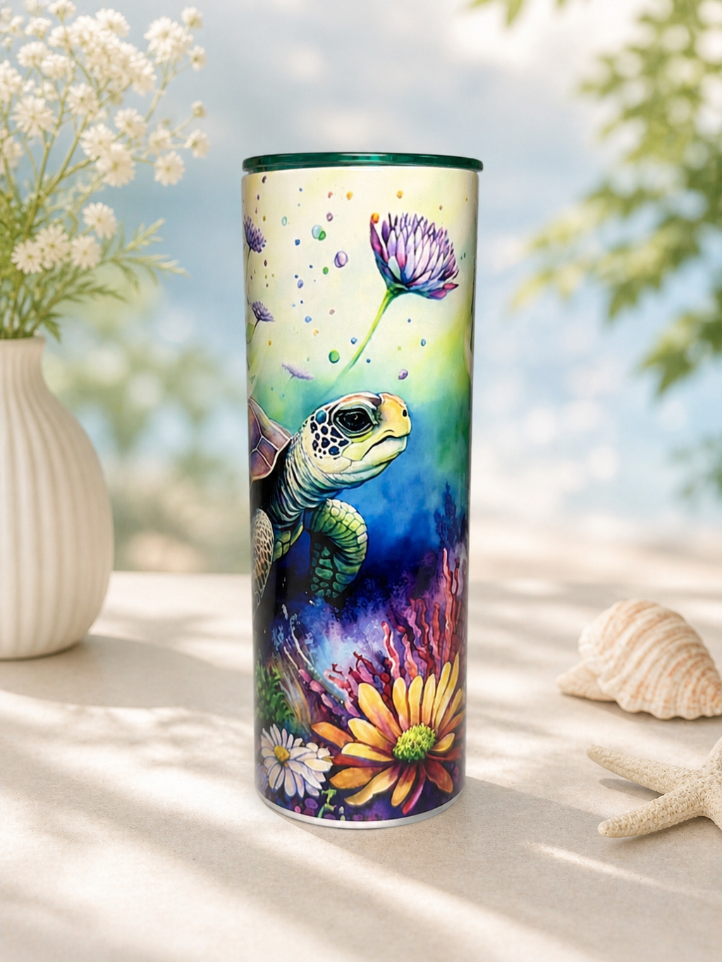 Stainless steel sea turtle cup with turtle and multicolor flowers, green rim lid