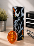 Stainless steel cup with black graffiti print and orange lid