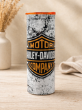 Harley Davidson stainless steel cup with orange lid, black-and-gold logo graphic