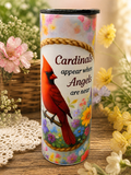 20 oz stainless steel tumbler, black lid, cardinal and floral quote wrap