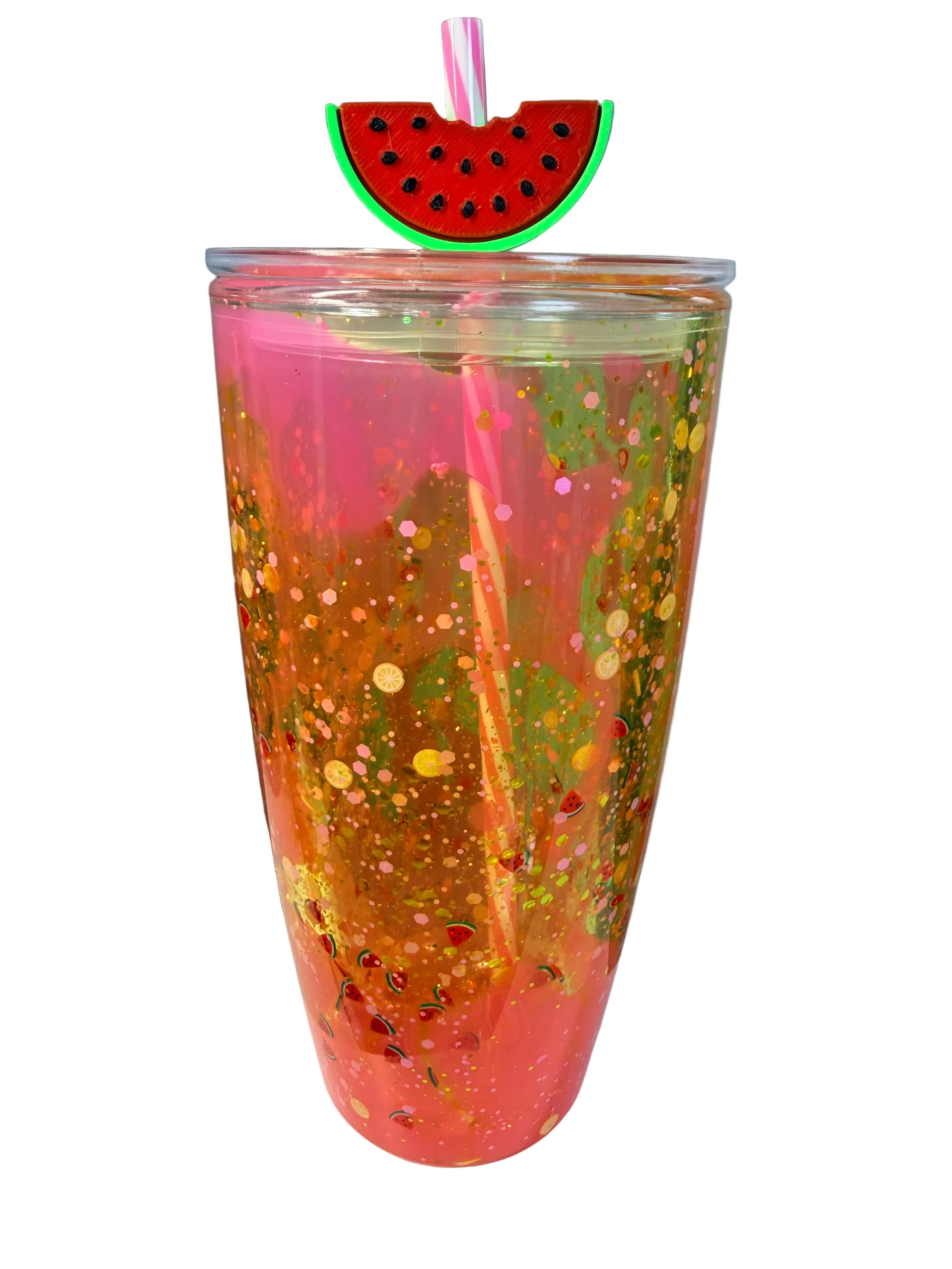 Tapered pink glitter acrylic cup with watermelon slice lid, clear straw