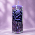 20 oz glitter tumbler cup with rose graphic, purple lid and clear straw