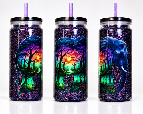 20 oz acrylic glitter tumbler with blue elephant graphic and colorful forest scene