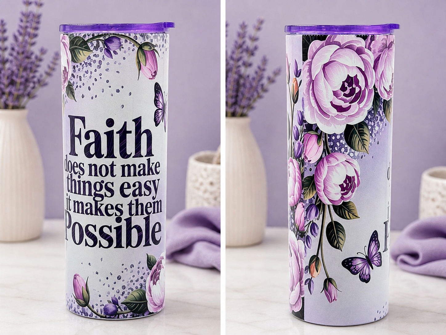 Stainless steel tumbler cup with purple lid, floral and butterfly wrap design