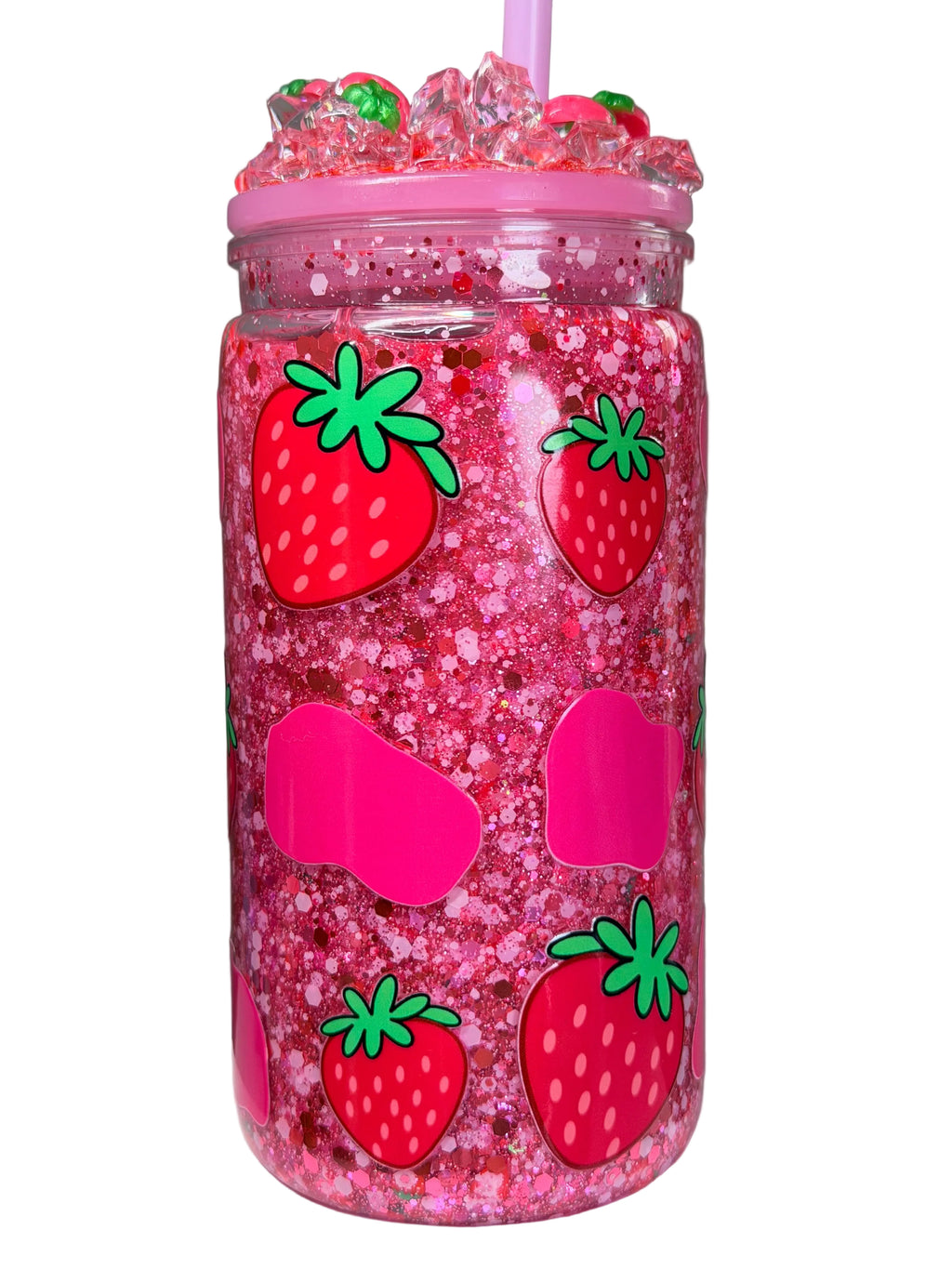 Pink glitter acrylic cup with strawberry face pattern, pink straw, decorative lid